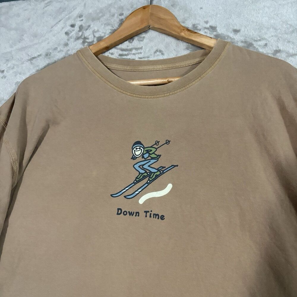 Life is Good Long Sleeve XL Beige Ski Down Time Graphic T-Shirt Top Gorpcore